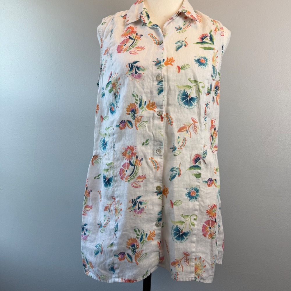 J.Jill Love Linen White‎ Floral Sleeveless Button Down Tunic Top Small Beachy
